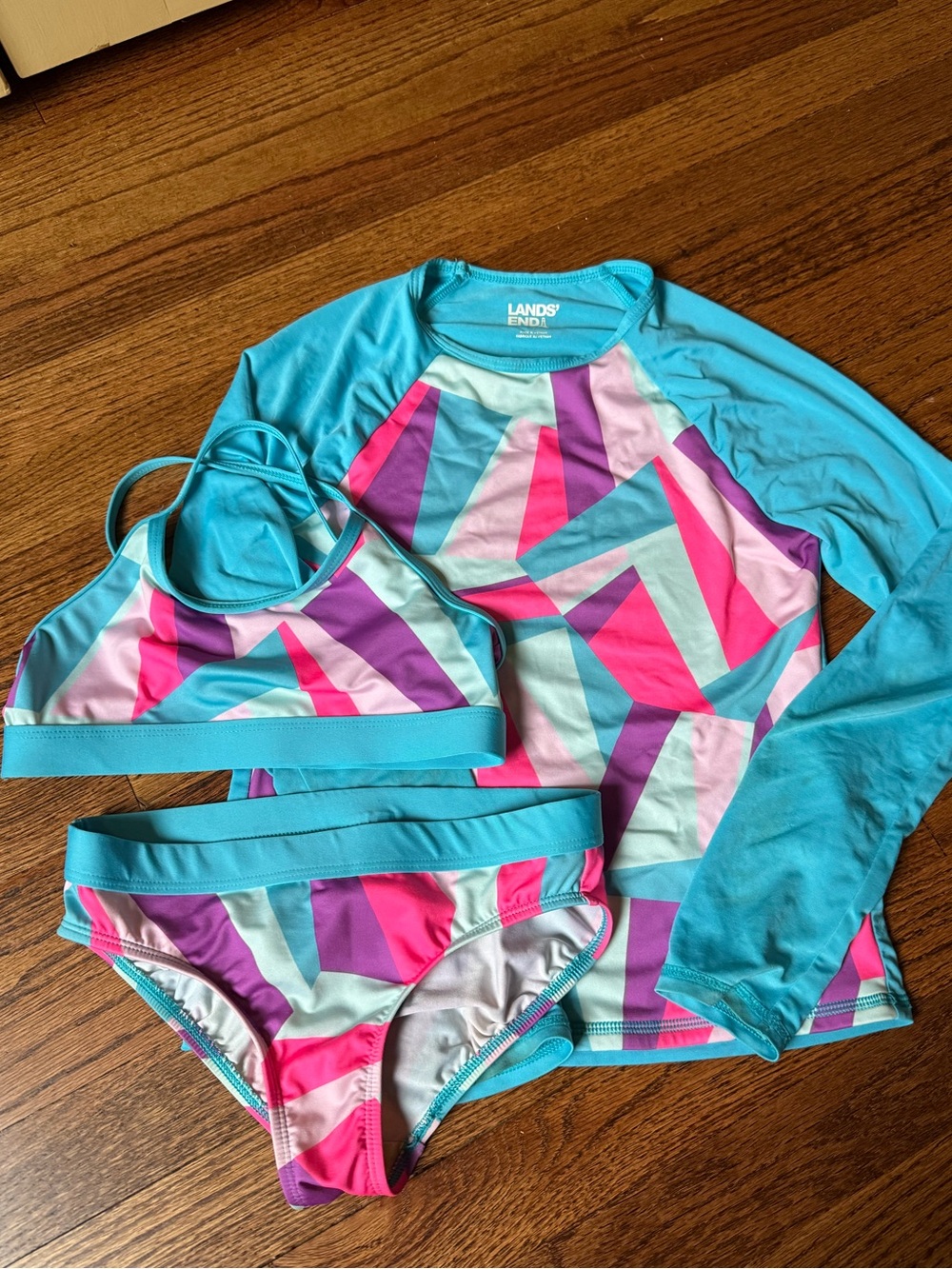 Lands' End Girls Turquoise Pink Purple Geometric 3-Piece Swim Set